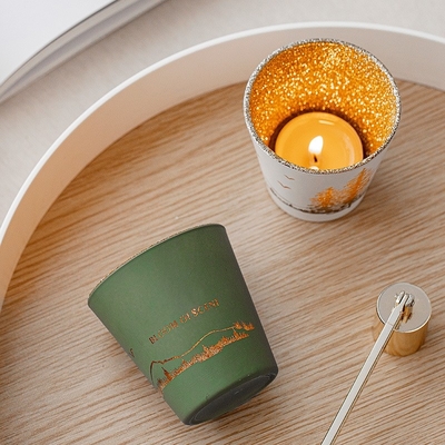 Yeşil Beyaz Oymalı Siluet Fincan Kavanoz Soya Balmumu Tealight Kokulu Mumlar