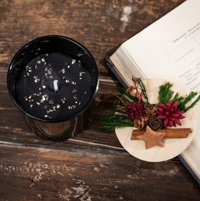 Çiçek Siyah Yeşil Balmumu Ahşap Kapak Noel Kokulu Mum Düğün Hediye Kutusu
