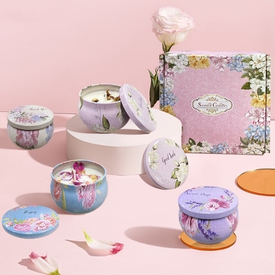 Özelleştirilmiş Özel Etiket Kokulu Kuru Çiçek Kristal Soya Balmumu Teneke Mum Hediye Seti