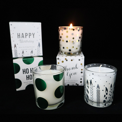 Baskılı Şeffaf Cam Bardakta Doğal Kokulu Soya Tealight Mumlar Hindistan Cevizi Kayısı