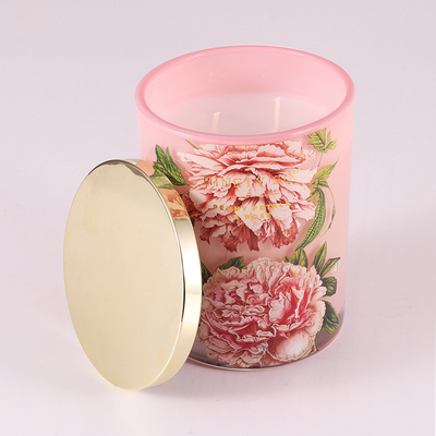 Cam Kavanoz Kokulu Mum 415g Metal Kapaklı Pembe Çiçek Baskı
