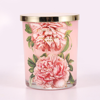 Cam Kavanoz Kokulu Mum 415g Metal Kapaklı Pembe Çiçek Baskı